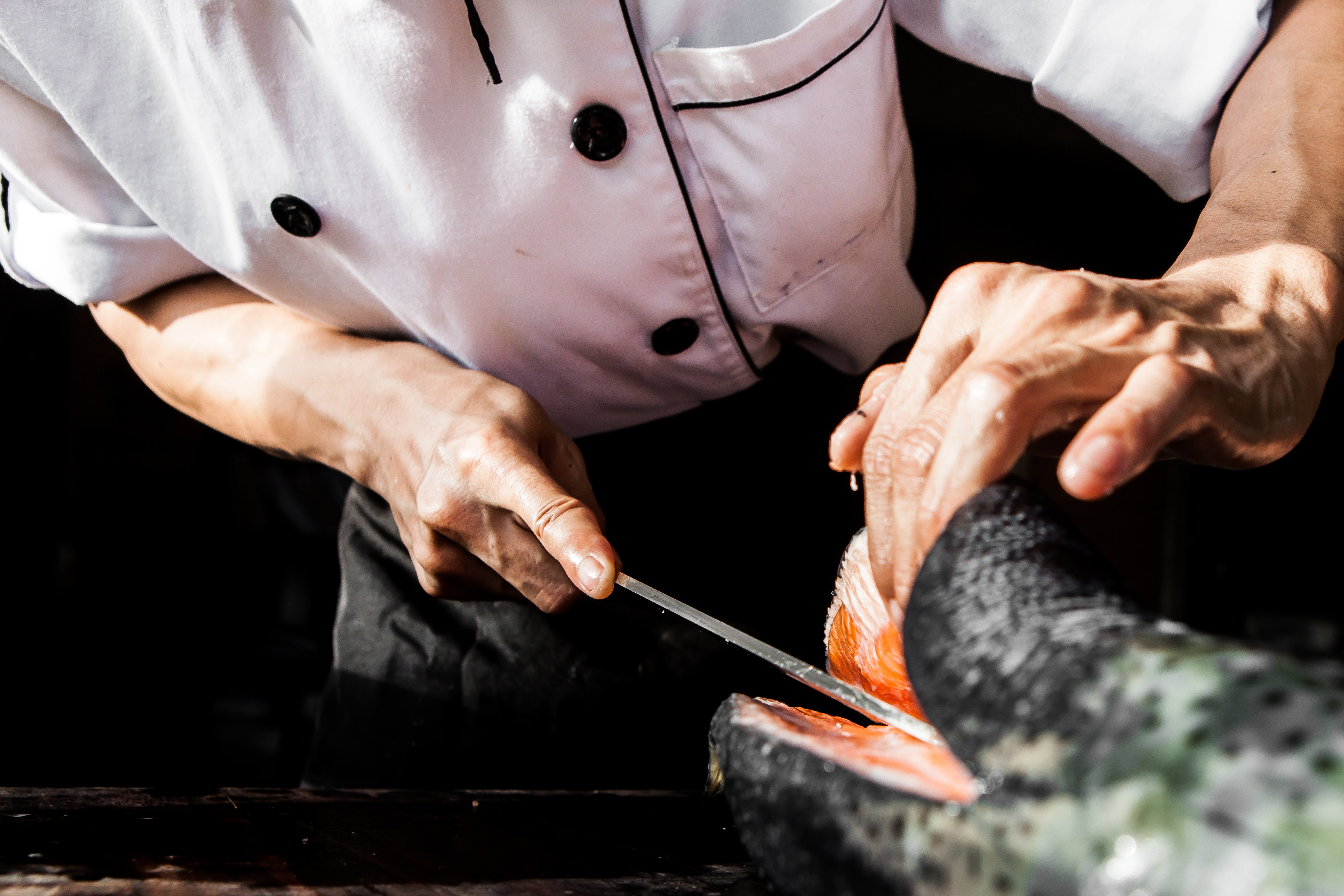 chef cuts into salmon